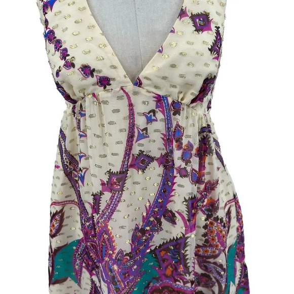 Tibi Cream Purple Floral Paisley Metallic Halter Mini Dress Size 6‎ - Picture 4 of 14